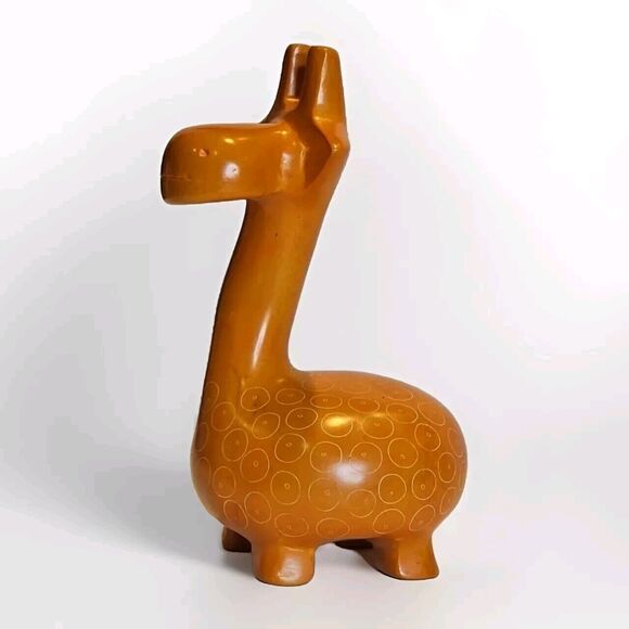 Hand Carved Afrikiko Soapstone Orange Giraffe Figurine Made in Kenya 7.5" Tall - Picture 4 of 7